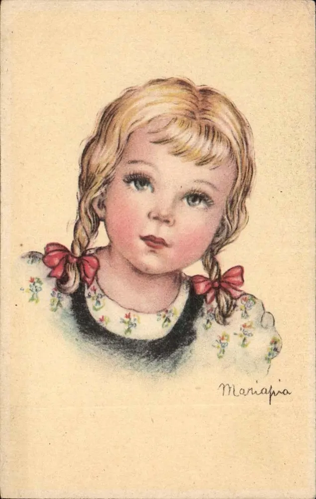 Kleine Mädchen mit Zöpfen — Verlag Mariapia — Seriennummer 216/5 - Vorderseite