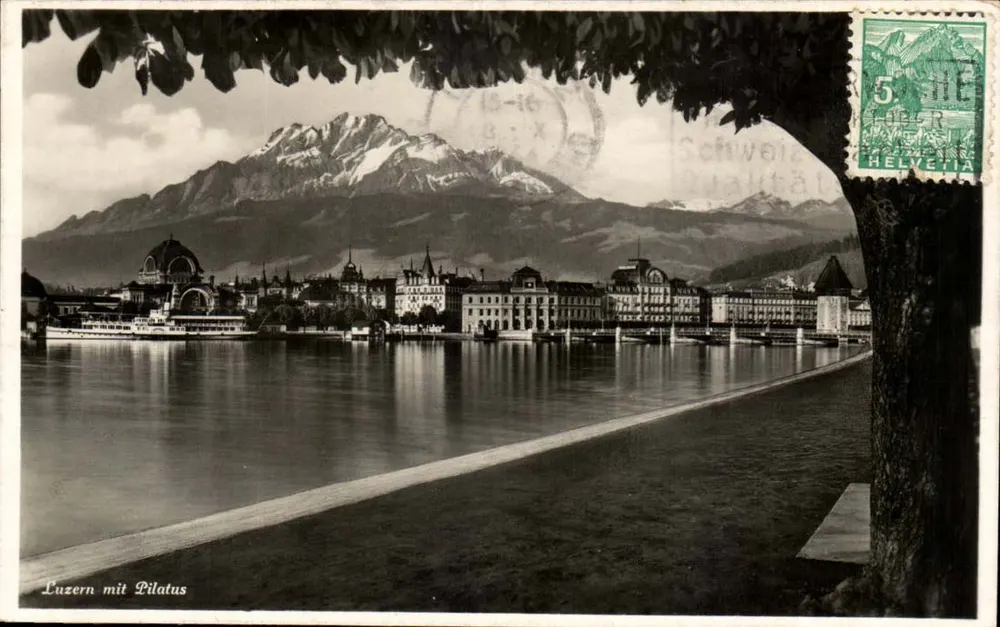 Luzern com Pilatus — vista do lago e do Pilatus — Kunstverlag F. Goetz, Luzern, n° 3314 - Frente