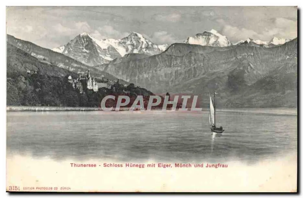 Thunersee - Schloss Hünegg mit Eiger, Mönch und Jungfrau — Edition Photocolor Co. Zürich, n° 3151 - Vorderseite