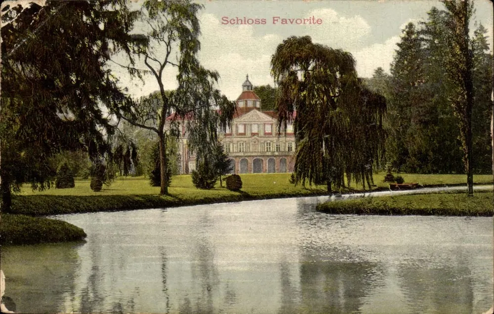 Schloss Favorite — Ansicht des Schlosses und des Sees — Verlag Original Eigentum Gehr. M.A. Tübingen, Nr. 45283 - Vorderseite
