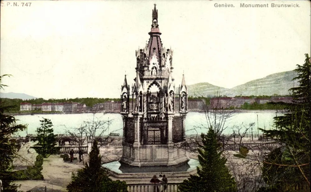 Genebra. Monumento Brunswick — vista do lago com montanhas no fundo — C.P.N. 747 - Frente