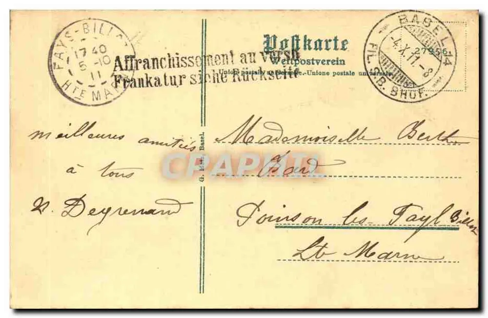 Basel. St. Margarethen. — Vista da igreja em uma colina — editor não identificado, número de série não visível - Verso