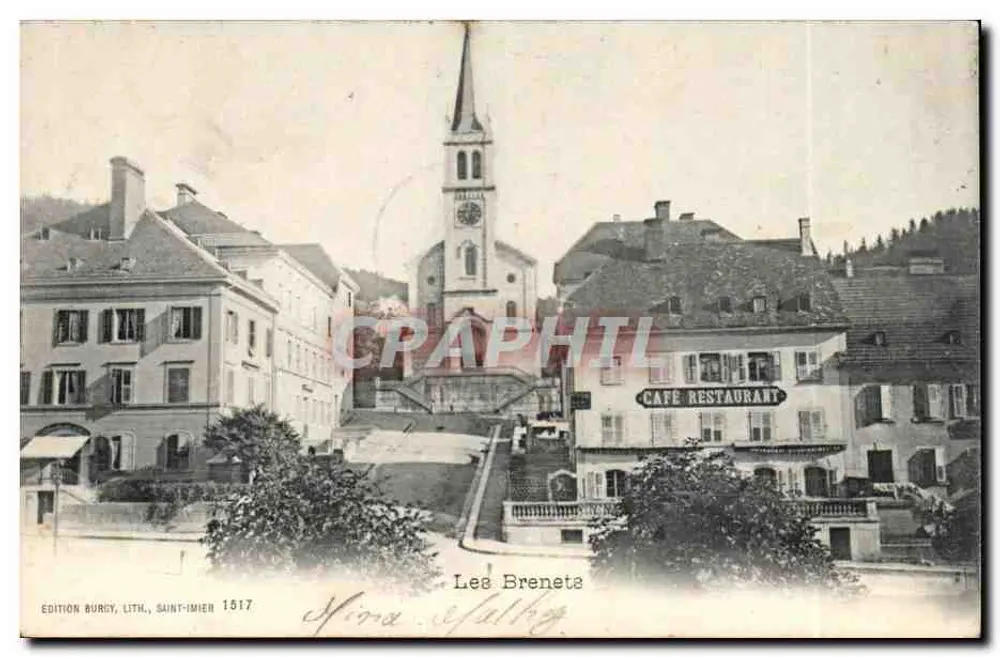 Les Brenets — vista do vilarejo com igreja e café-restaurante — Edição Burdy, LITK., SAINT-IMIER 1517 - Frente