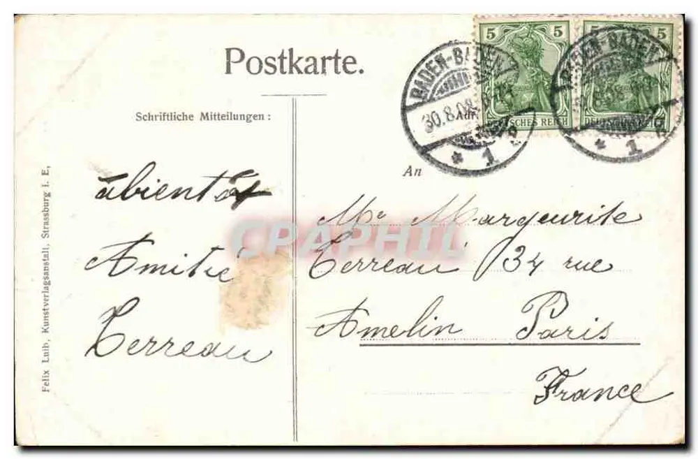 Baden-Baden — Teil der Oos — Felix Lub, Kunstverlagsanstalt, Straßburg - Rückseite
