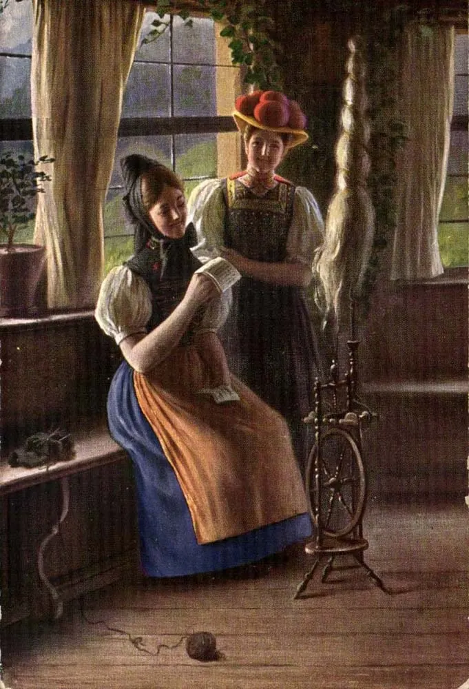 Zwei Frauen im traditionellen Kleid — Weberszene — Paul Hinnebe, Freibourg - Vorderseite