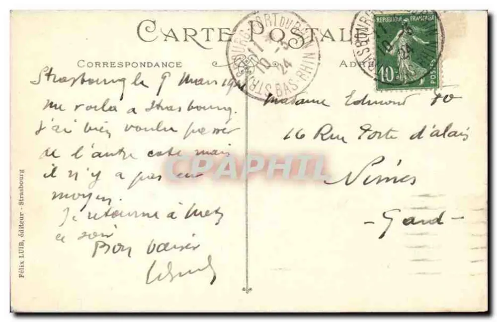 Strasbourg - Ponte sobre o Reno — editor Félix LUBB, n°10 - Verso
