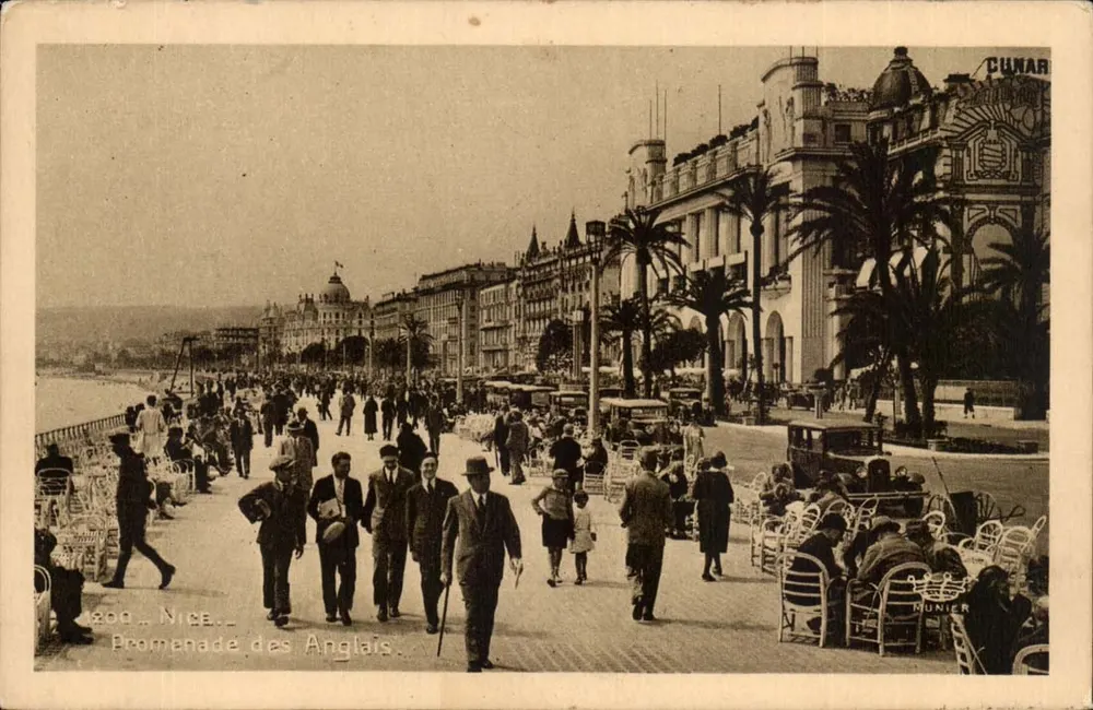 Nice - Promenade dos Ingleses — vista animada com hotéis e palmeiras — Edições d'Art Munier, n° 1200 - Frente