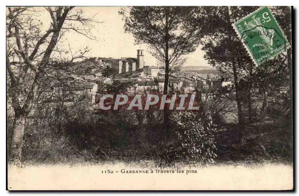 Gardanne através dos pinheiros — vista do vilarejo com a igreja — editor desconhecido, n° 1150 - Frente