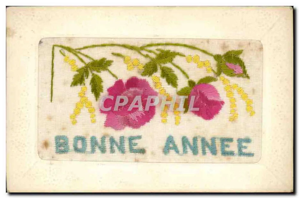 Gestickte Blumen — Frohes Neues Jahr — Druckansichtskarte aus Frankreich - Vorderseite