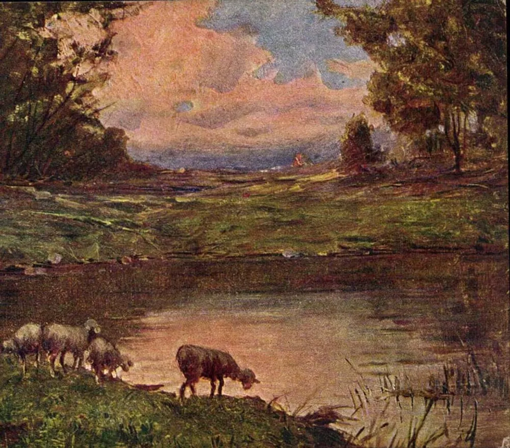 Landschap met schapen bij een waterloop — kunstwerk — uitgever Le Foyer des Orphelins, Brussel - Voorkant