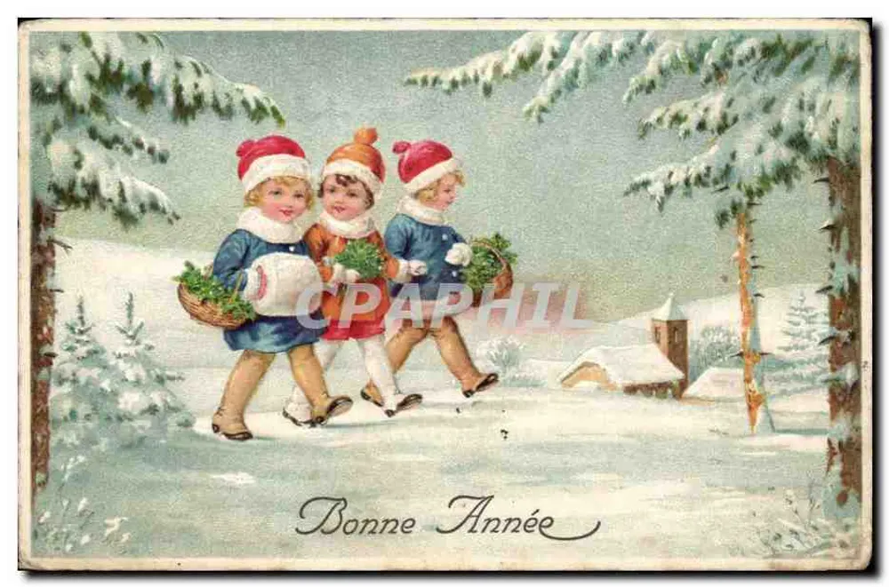 Kinder in einem verschneiten Wald — Frohe Weihnachten — Verlag nicht sichtbar - Vorderseite