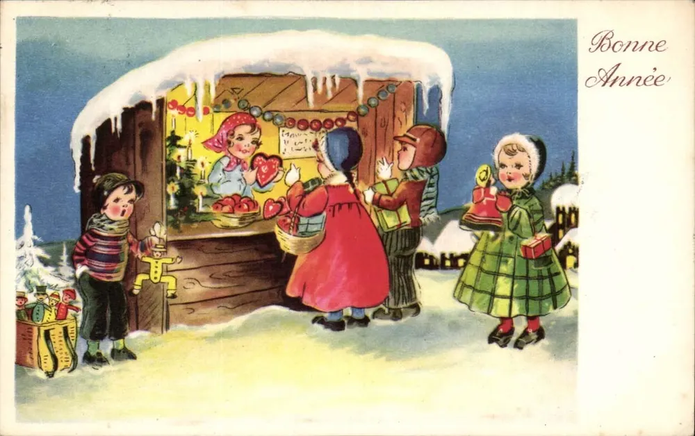 Kinder vor einem Weihnachtsstand — Winterlandschaft — Verleger nicht sichtbar - Vorderseite