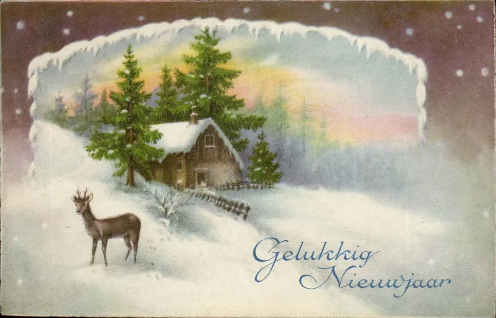 Schneegestüfter Schloss mit Hirsch — niederländische Weihnachtskarte — unbekannter Verlag - Vorderseite