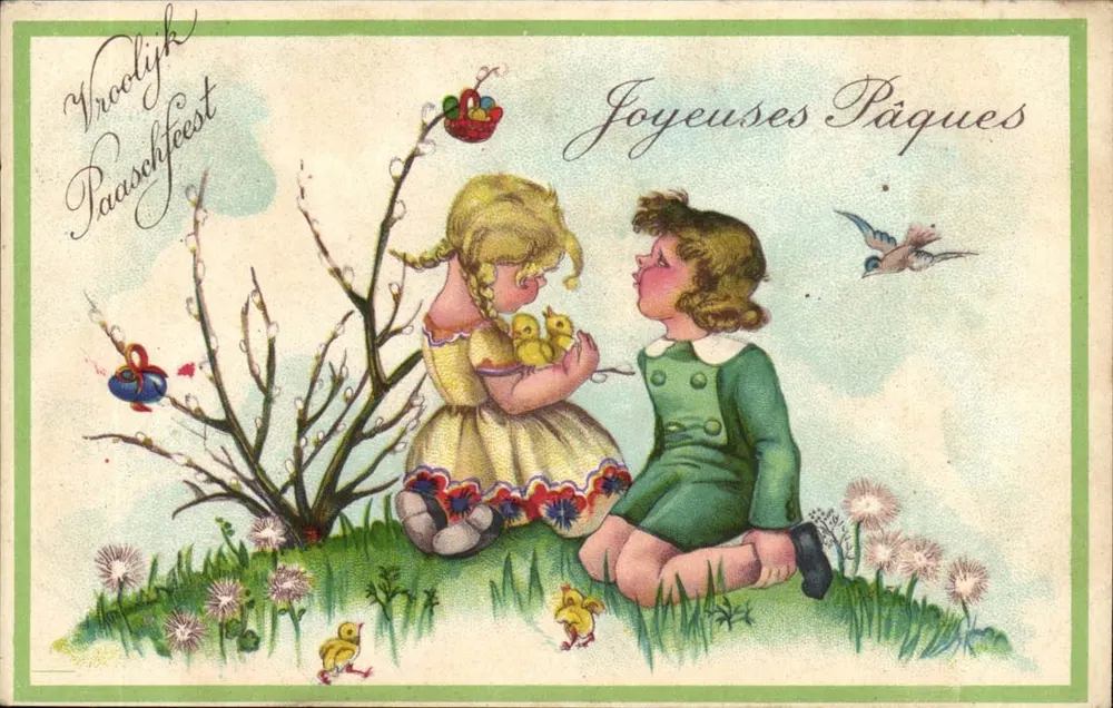Kinder mit Küken — Ostern — belgische Ansichtskarte - Vorderseite