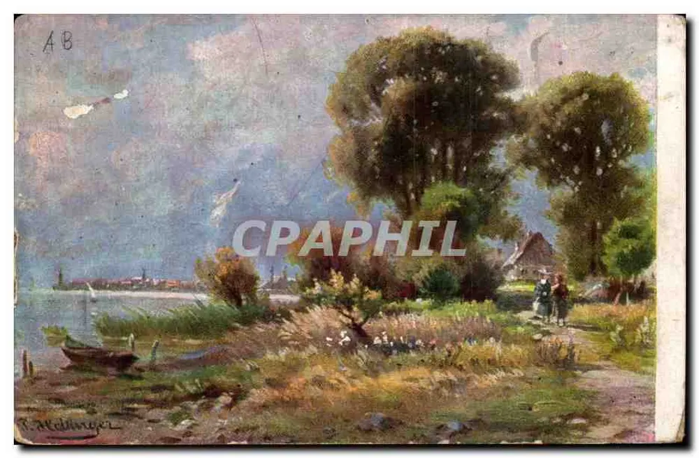 Paisagem fluvial com dois personagens — pintura de R. McHlinger — série 750 - Frente