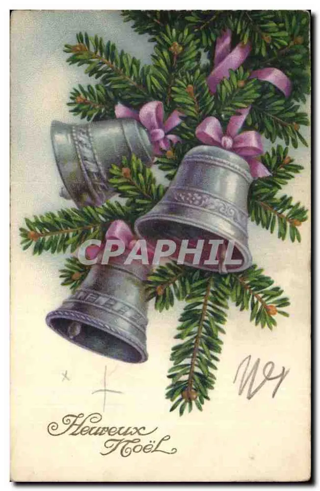 Weihnachtsklingeln — Weihnachtsbaumdekoration und violette Bänder — gedruckter Text 'Frohe Weihnachten' — Verlag Melissant & Cie, Nr. 3072 - Vorderseite