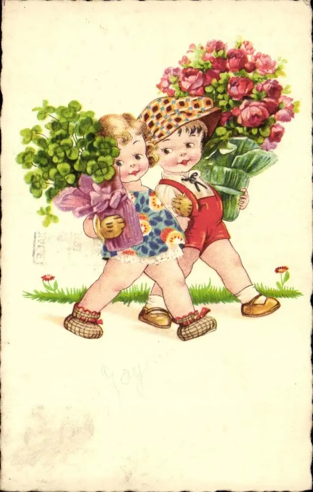 Zwei Kinder, die Blumen und Grün tragen — Verlag ME 96 - Vorderseite
