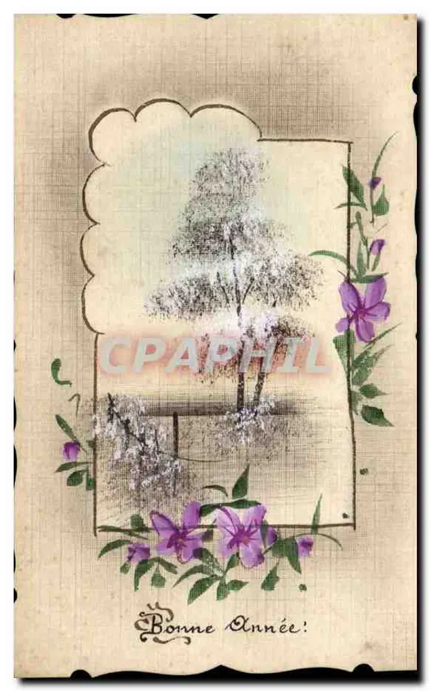 Schneeverdeckter Baum — violette Blumendekoration — unbekannter Verlag - Vorderseite
