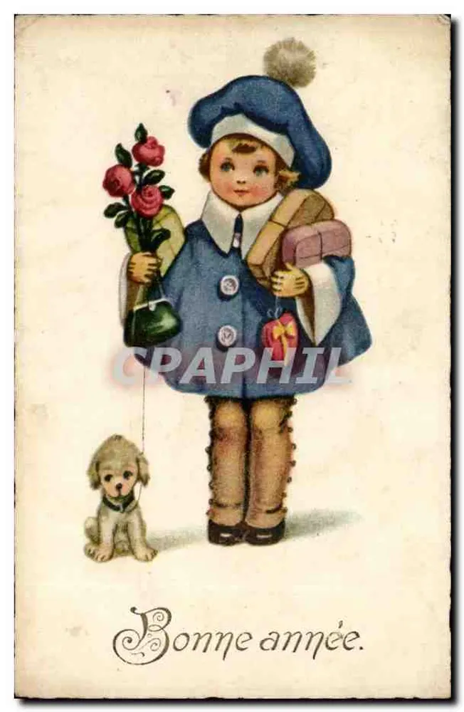Kind mit Hund und Rosen — Frohe Neujahr — Verleger nicht sichtbar - Vorderseite