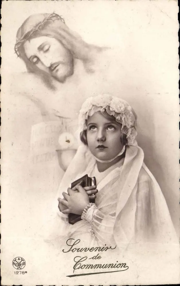 Junge Mädchen bei der Kommunion — Jesus mit Dornenkrone — Verlag Noyer n°1278a - Vorderseite