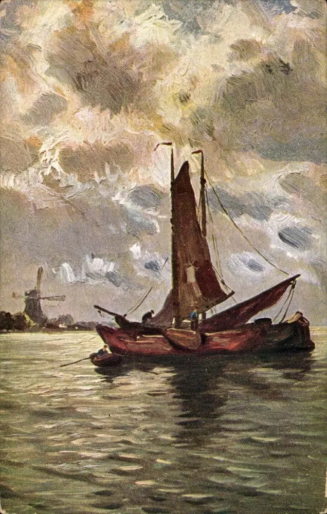 Segelboot auf einem See — Windmühle im Hintergrund — Verlag Kunststempel Rehm & Linz, Nr. 1332 - Vorderseite