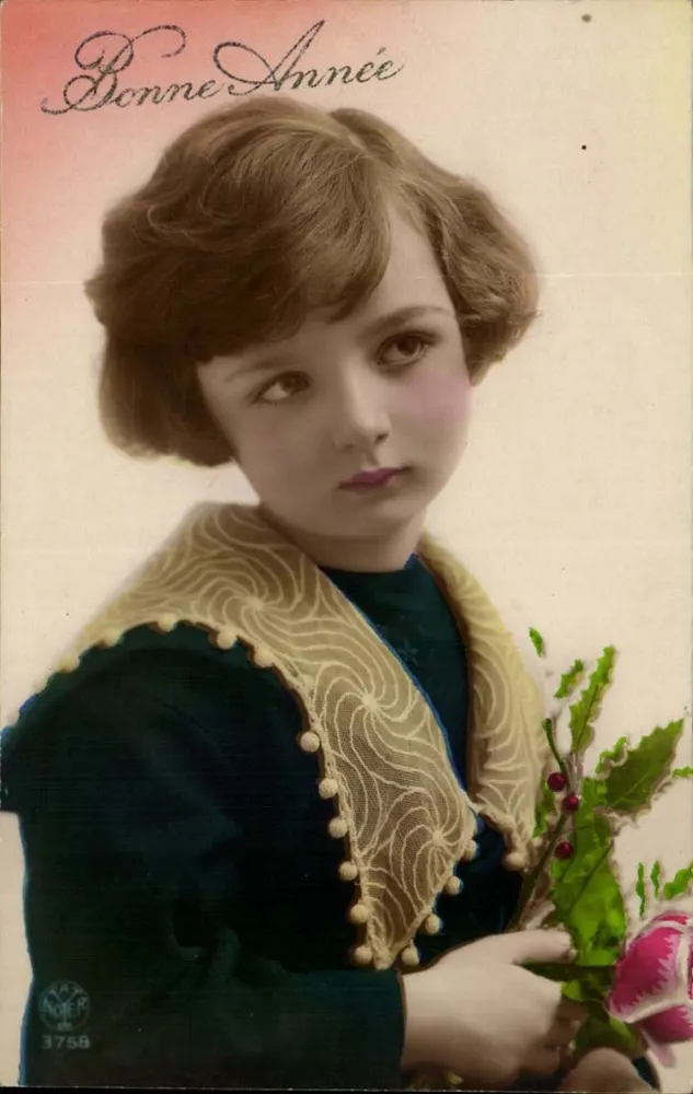 Junge Mädchen mit Blumenstrauß — Frohe Neujahr — May Nyer n°3758 - Vorderseite