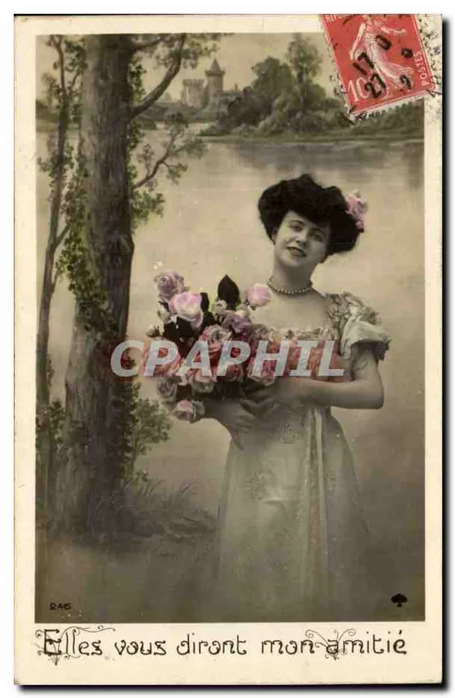 Frau in einem Kleid im Art Nouveau-Stil mit Rosenbukett — Serie 245 — Verlag S.45 - Vorderseite