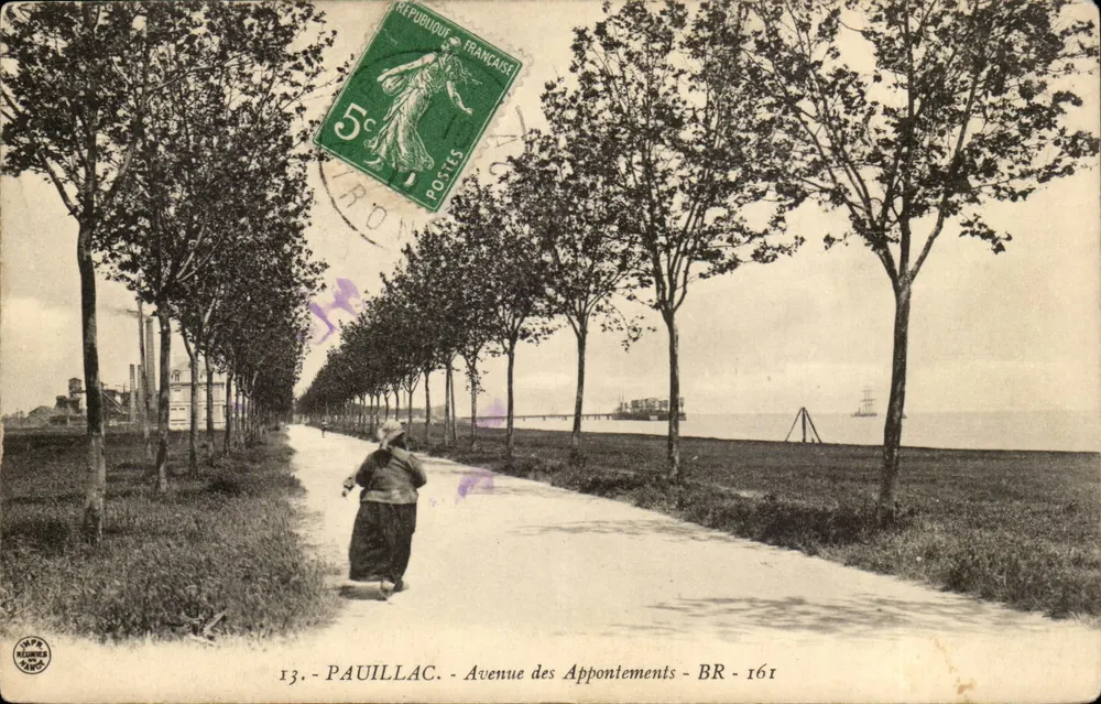 Pauillac - Avenue des Apponlements — uitzicht op een gesloten laan langs de zee met een persoon die wandelt — uitgever NAPPA, n° 13 - Voorkant