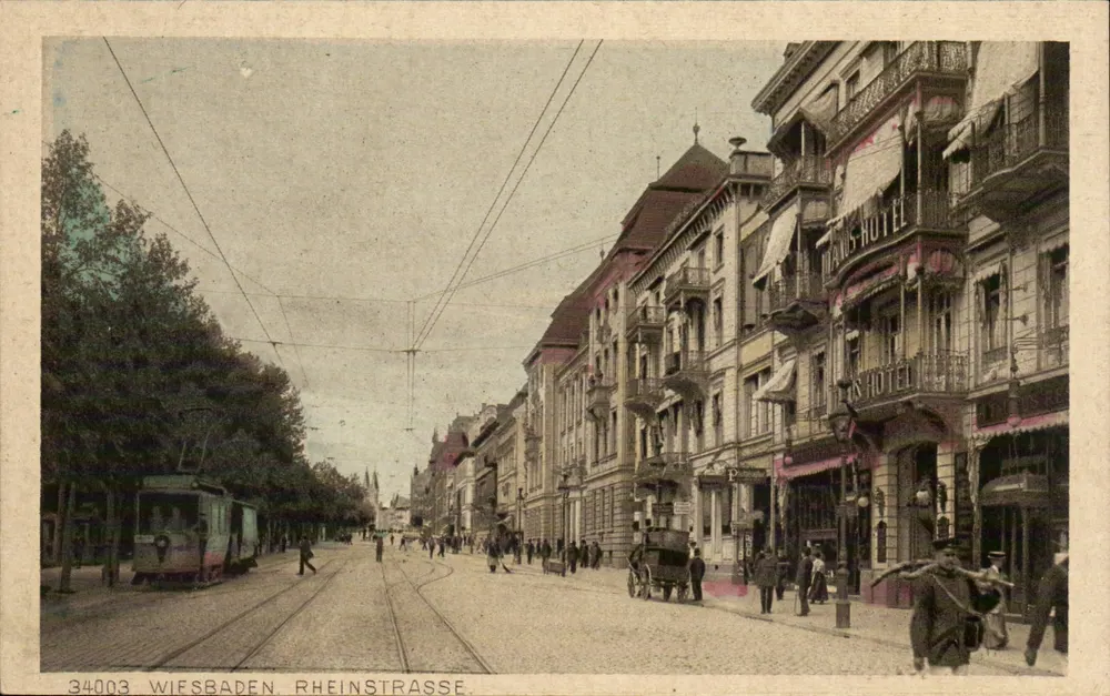 Wiesbaden - Rheinstraße — uitzicht op de straat met tram en het Hotel Hans — uitgever Kupferstich-Verlag von Karl Rud. Rh. - Voorkant