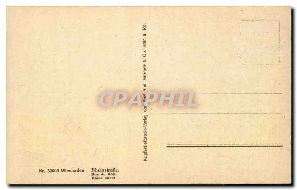 Wiesbaden - Rheinstraße — uitzicht op de straat met tram en het Hotel Hans — uitgever Kupferstich-Verlag von Karl Rud. Rh. - Achterkant