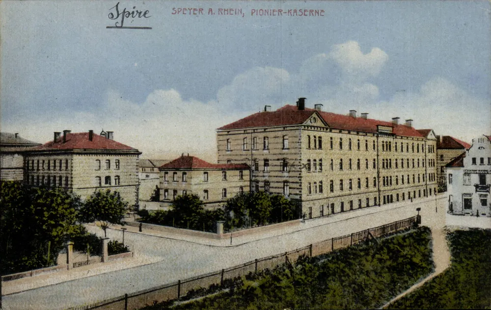 Spire — Spéyer a. Rhein, Pionier-Kaserne — Bahnkaiser Kunst- u. Postkarten-Verlag - Vorderseite