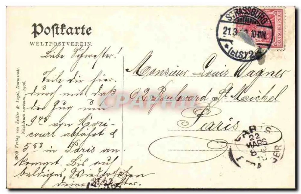 Estrasburgo — Escola Superior de Filhas — editor Weltpostverein, n°3809 - Verso