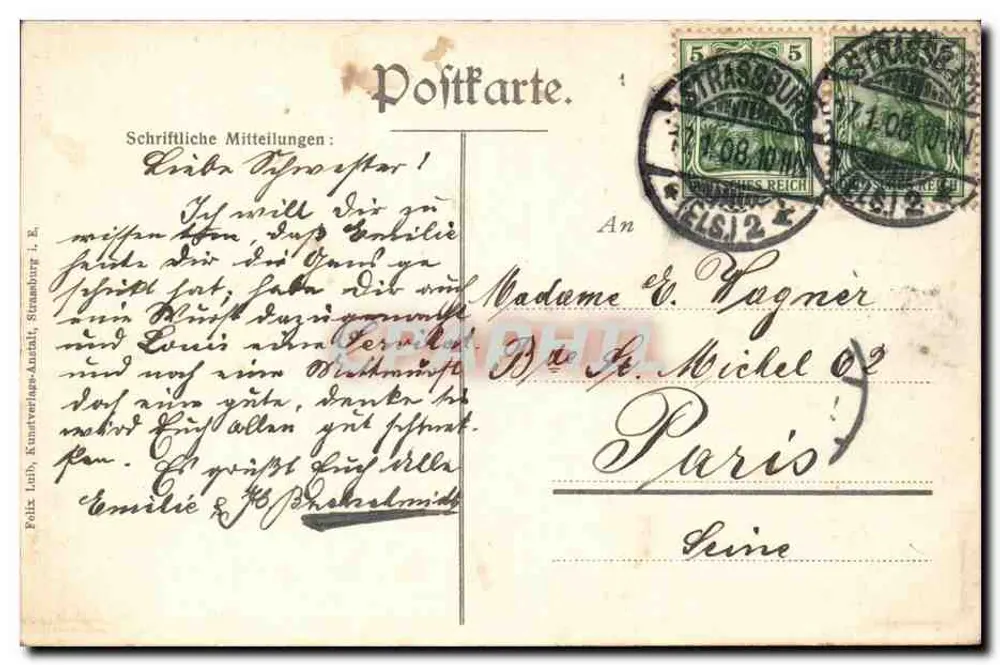 Strasbourg i. E. — Kaiser Wilhelm-Straße (Rue Empereur Guillaume) — Verleger nicht sichtbar - Rückseite