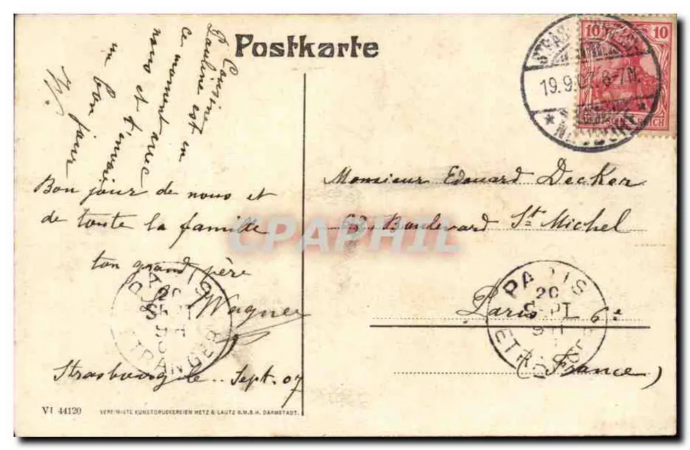Strasbourg - Monument a Moritz de Saxe — editor Vereinigte Kunstdruckereien Metz & Lautz R.M.H. Darmstadt, n° VI 44120 - Verso