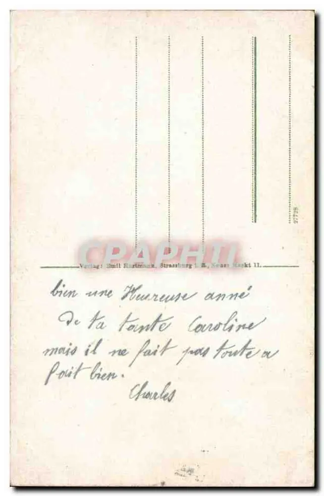 Estrasburgo. Ninho de andorinhas. — Editor: Emil Hartmann, Estrasburgo, Neuer Markt 11. - Verso