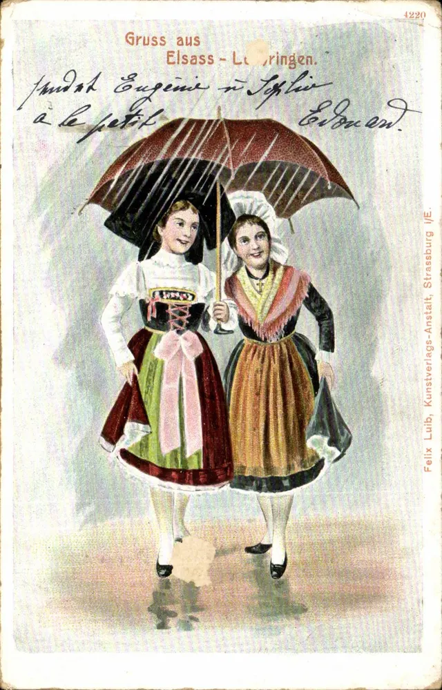 Due giovani donne in costume alsaziano — Gruss aus Elsass - Lellingen — Felix Luib, Kunstverlags-Anstalt, Strassburg /E. - Recto