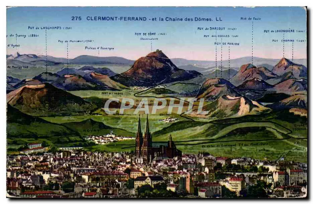Clermont-Ferrand e a Cadeia dos Dômes — vista panorâmica com os picos identificados — editor Letellier Paris, n° 275 - Frente