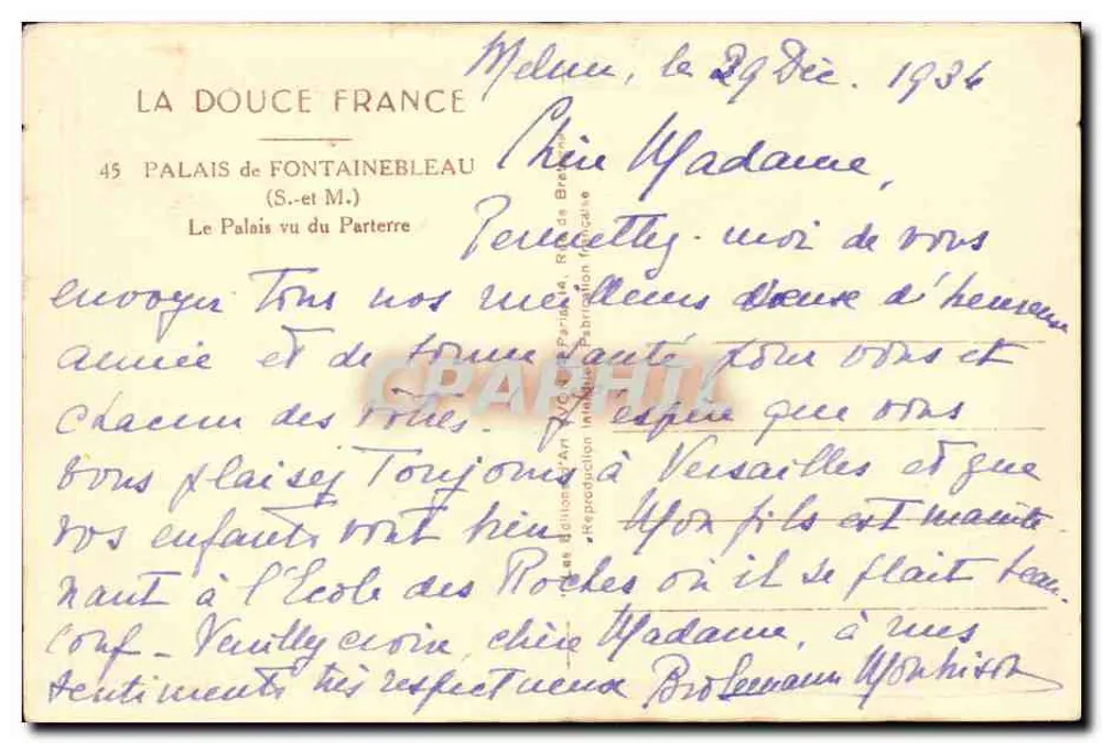 Schloss Fontainebleau — Ansicht vom Erdgeschoss — La Douce France, n°45 - Rückseite