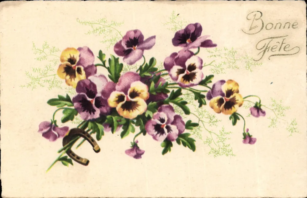 Blumenstrauß aus Violett — mit Steigbügel — Frohe Geburtstagskarte - Vorderseite