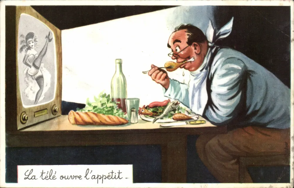 TV öffnet den Appetit — humoristische Werbung — Verlag nicht sichtbar - Vorderseite