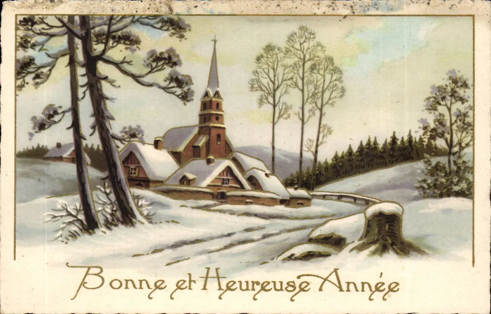 Winterlandschaft mit Kirche — Frohe Weihnachten — Postkarte - Vorderseite