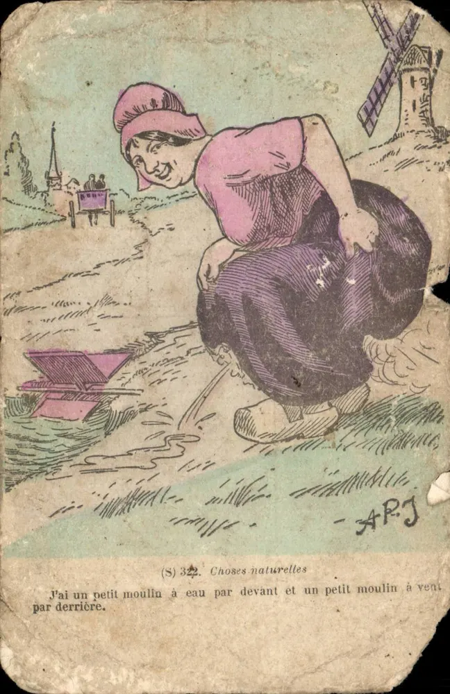 Mulher ao lado de uma roda d'água e de uma roda de vento — (S) 322. Coisas naturais — AR.J - Frente