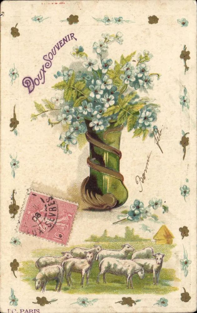 Bouquet de flores em um vaso — rebanho de ovelhas — editor L.C. PARIS, número de série não visível - Frente