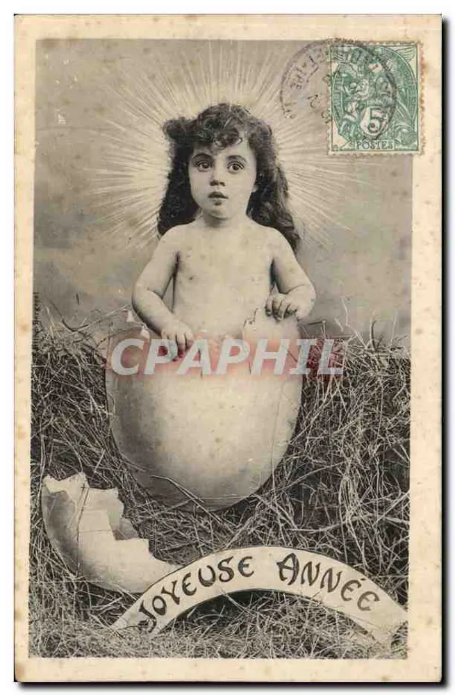 Niño saliendo de un huevo — Feliz Año — Editor F.ÉUNIES, Nancy - Anverso