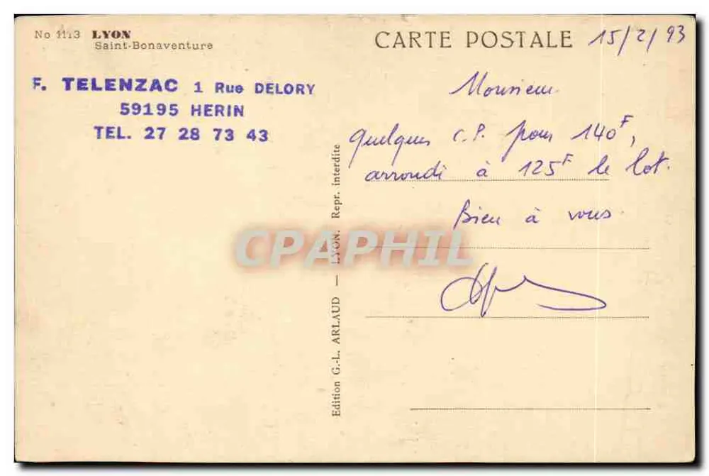 Igreja de São Etienne de Lyon — fachada gótica — Edição G.-L. Arlaud, n° 1113 - Verso