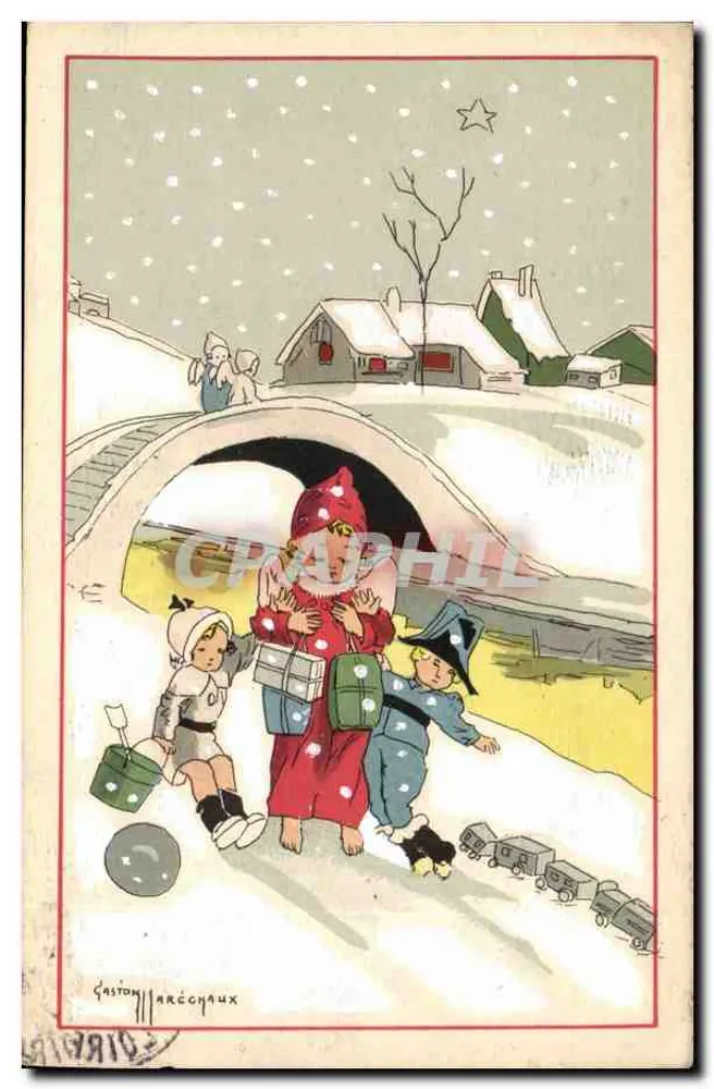 Crianças brincando na neve — desenho de Gaston Jarcchaux — editor Bouasse-Jeune e Cie - Frente