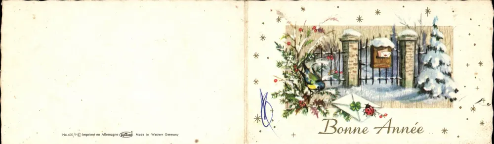 Winterlandschaft mit Post — Frohe Neujahr — In Deutschland gedruckt (Westdeutschland) - Vorderseite