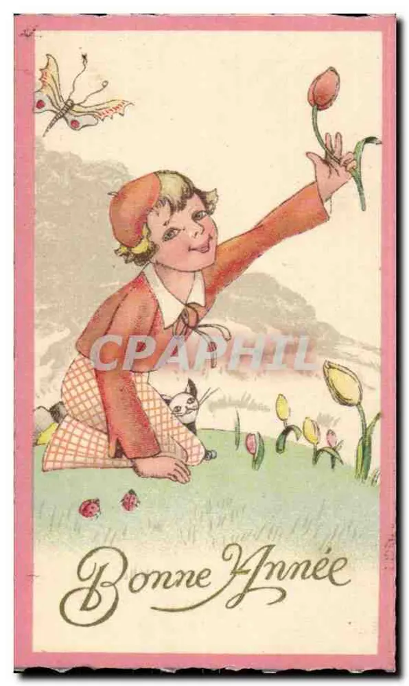 Kind mit Tulpe und Schmetterling — Frohes Neues Jahr — Verlag nicht sichtbar - Vorderseite