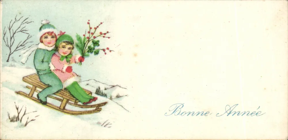 Kinder auf einem Schlitten — Winterlandschaft — Weihnachtskarte - Vorderseite