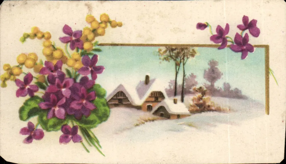 Bouquet van viooltjes en mimosen — winters landschap — uitgever en serie-nummer niet leesbaar - Voorkant